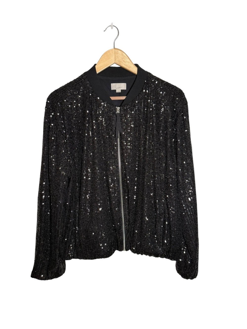 LOFT Black Sequin Full Zip Bomber Jacket Sparkle Evening Size XL - Picture 3 of 9
